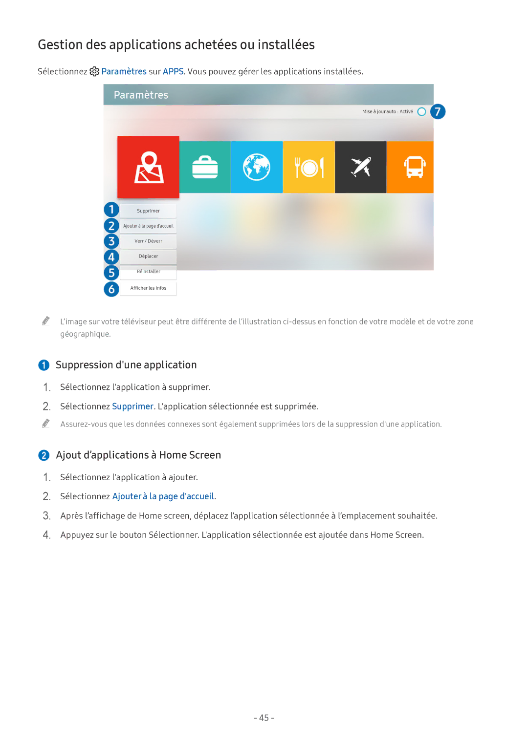 Samsung UE49MU7075TXXC, UE40MU6455UXXC manual Gestion des applications achetées ou installées,  Suppression dune application 